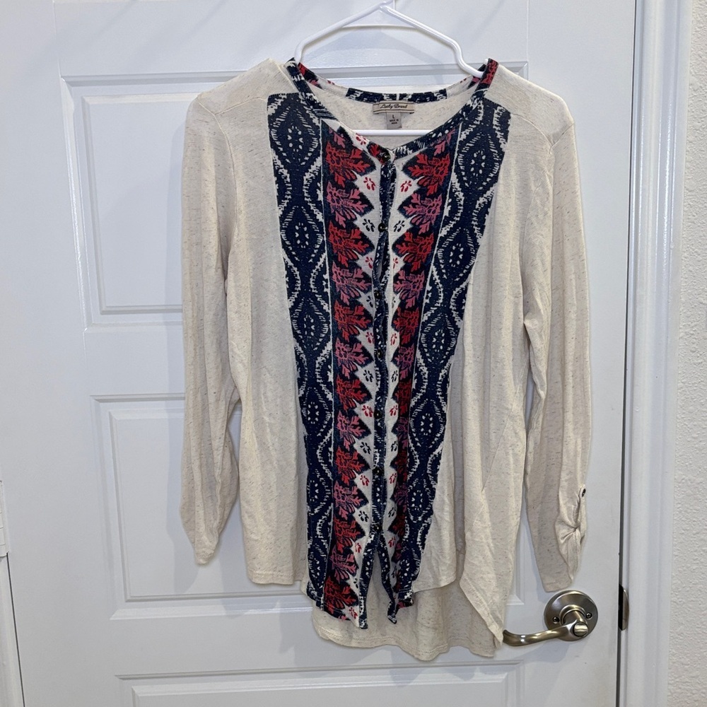 Lucky Brand Boho Embroidered Henley Top Cream Blue Red Size L